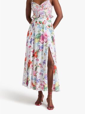Charo Ruiz White Maxi Skirt with Multicolor Butterfly and Floral Print